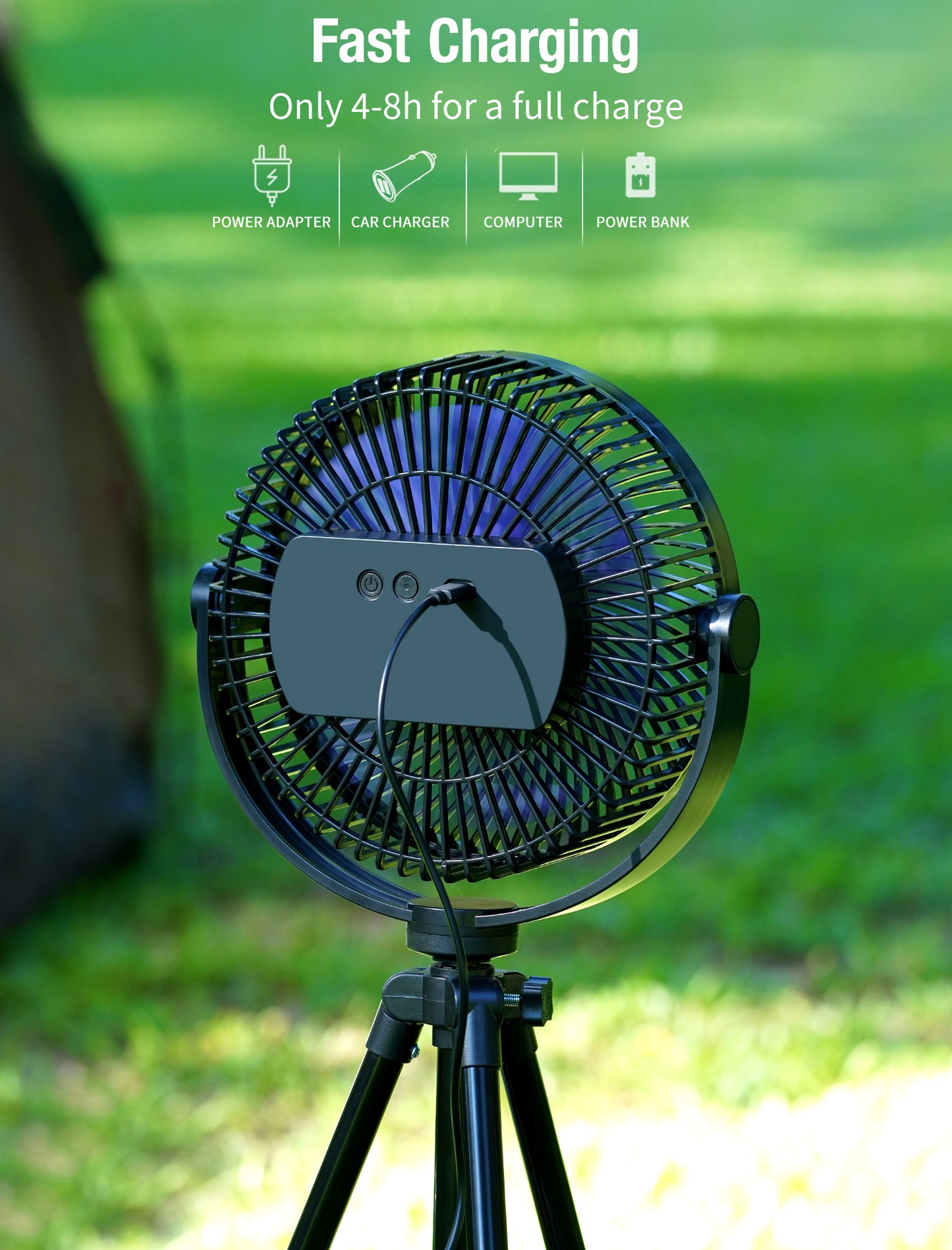 Koonie Standing Fan, 10000mAh Portable Rechargeable 8'' Battery Powered Pedestal Fan with Tent Hook 37Hours Working Time Adjustable Tripod 4 Speeds Fan for Bedroom Travel Fishing Beach Camping