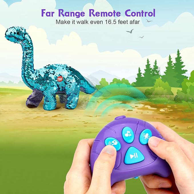 Koonie Dinosaur Toys for Girls, 2 Year Old Girl Toys, Purple Dinosaur Remote Control Reversible Sequins Dinosaur Toy Can Repeat Walk Roar Sing, Christmas Birthday Gifts for 2-7 Years Old Kids Toddlers, Medium