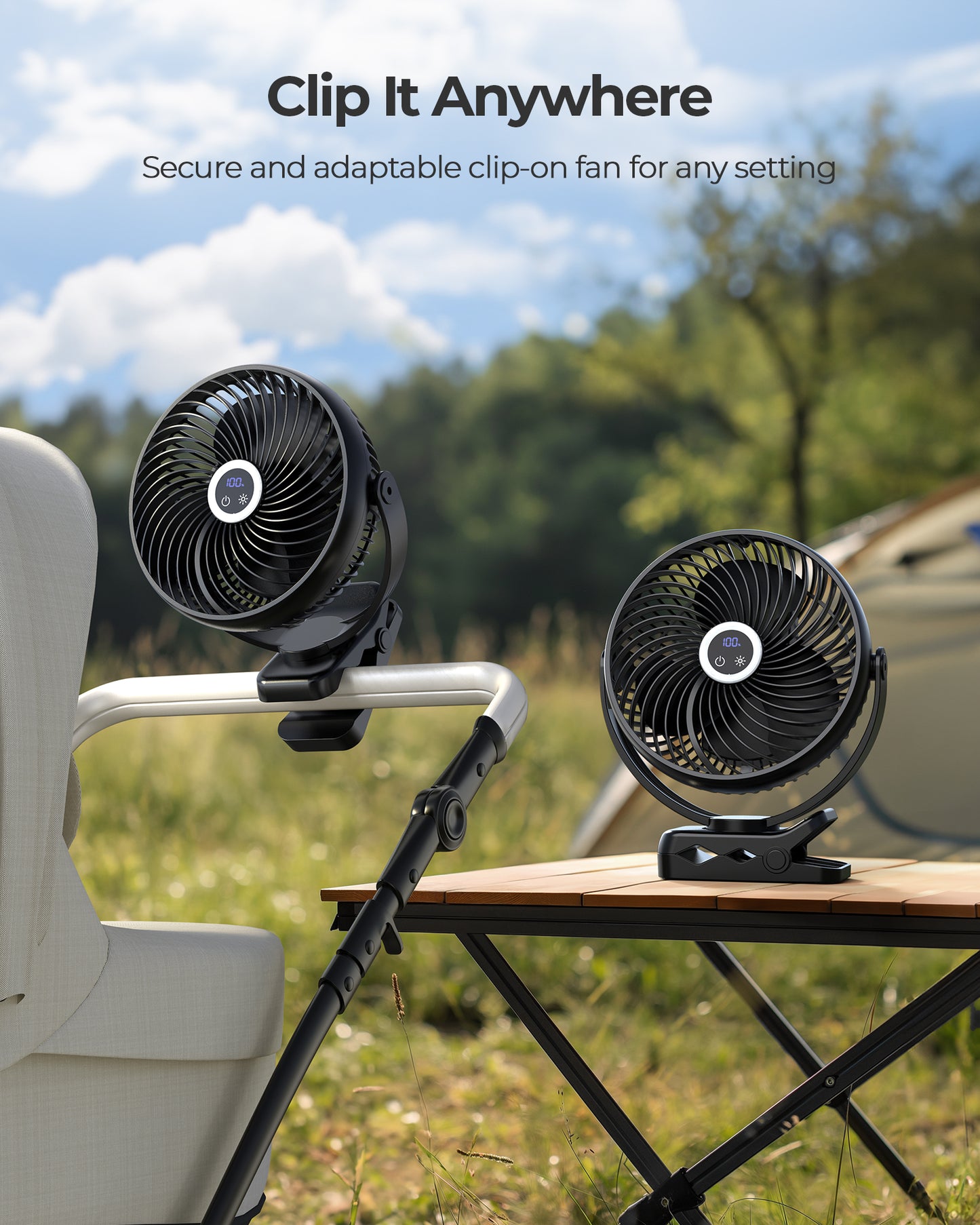Koonie 10000mAh Portable Clip on Fan with LED Lantern and Hook, 8'' Battery Operated Desk Fan, Quiet Camping Fan with LED Digital Display, 360° Rotation & 3 Speeds for Travel Tent Gym Treadmill
